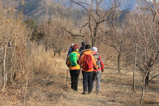 徒步者穿行于山间小道