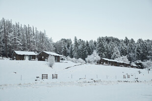 冬日雪覆山林中的小屋