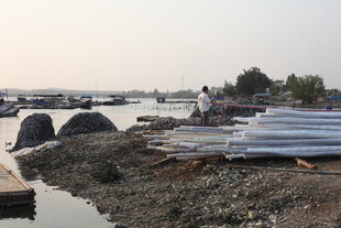 湛江河边的建筑材料堆放场景