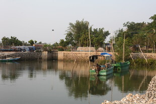 湛江宁静河畔停泊的多彩小船
