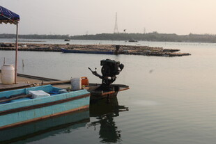 湛江湖畔小船与船外机景象