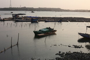 湛江宁静水边停泊的几艘小船