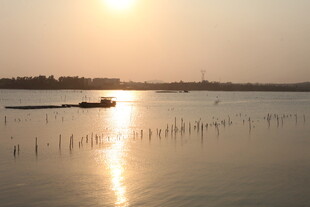 湛江夕阳下湖面的孤舟美景