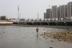 湛江河边戏水的人们