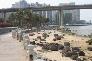 湛江海滨步道旁的石景与城市风光