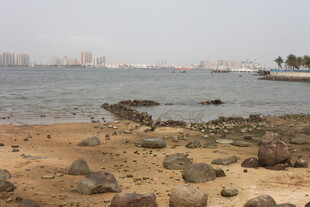 湛江海边沙滩与远处水域景观