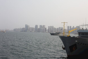 湛江海上船只与远处城市景观