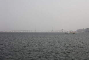 湛江平静海面与远处船只景象