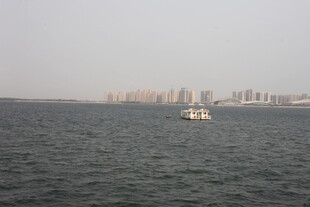 湛江海上孤舟与远处城市景观