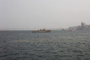 湛江海上船只与城市天际线