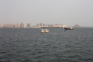 湛江海上船只与远处城市景观