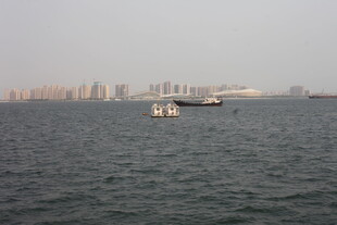 湛江海上船只与远处城市景观