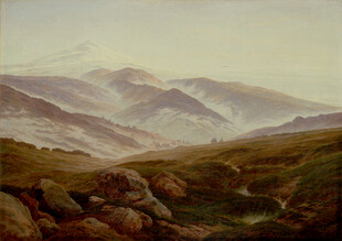 山间远景油画风景图