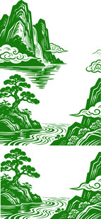 中式山水墨绿插画风景
