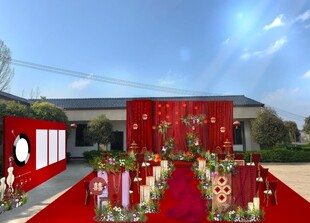 红色中式庭院户外婚礼主舞台效果