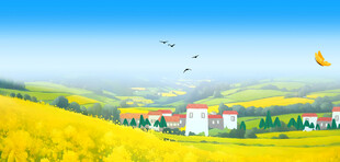 金色田野旁的乡村美景