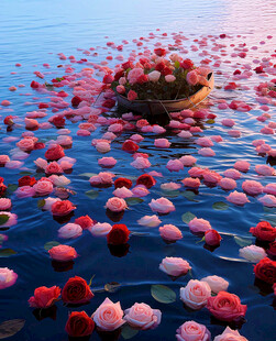 水面漂浮的多彩花朵景观