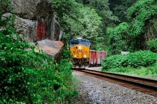 山间铁轨上行驶的多彩列车