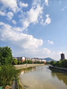 河畔蓝天绿树 城市风光