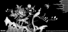 牡丹花鸟灰度图