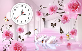 天鹅粉色玫瑰钟表无框画背景墙
