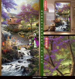 田园小溪风景壁画