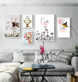 北欧手绘花卉麋鹿组合装饰画