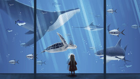 原创蓝色海底治愈系手绘插画