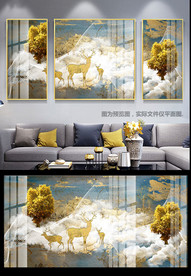 欧式山水发财树麋鹿三联装饰画