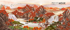 原创山水瀑布鸿运当头背景墙壁画