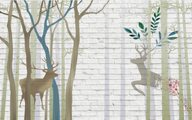 手绘北欧麋鹿电视背景墙壁画