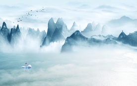 中式简约山水情天鹅湖沙发背景墙