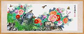原创手绘牡丹竹子装饰画背景墙