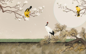 现代花鸟松鹤背景墙