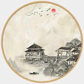 圆形山水画元形装饰画金色山水