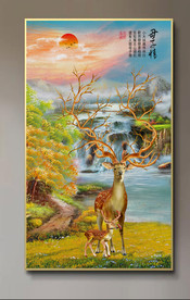 原创玄关油画梅花鹿山水装饰画