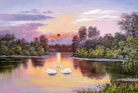 风景油画湖水风光