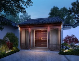 中式古典大门夜景效果图