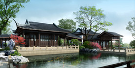 古建水榭景观效果图psd