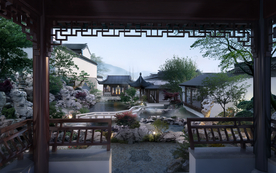 中式园林庭院夜景效果图