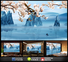 唯美山水花鸟新中式背景墙装饰画