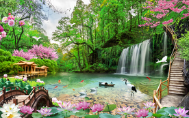 流水生财瀑布风景电视背景墙