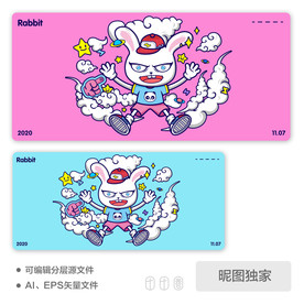 卡通星球脑洞兔子AI矢量插画