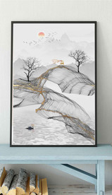 新中式抽象麋鹿山水玄关装饰画