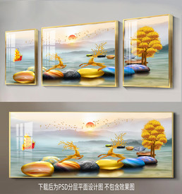 原创鹅卵石梅花鹿发财树装饰画