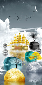 轻奢几何山水招财石来运转发财鹿