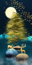 发财树麋鹿石来运转装饰画