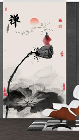 新中式水墨莲花禅僧玄关装饰画