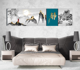 新中式金色水墨山水风景床头画