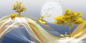 山水线条三联晶瓷画